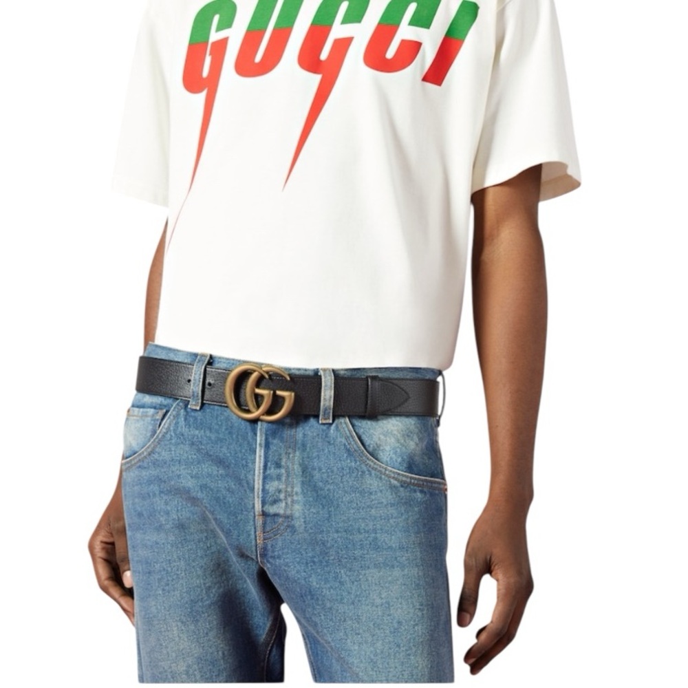 GUCCI GG MARMONT BELT Black Leather Brass GG Buckle Men's US Size 34 (34 to 38)